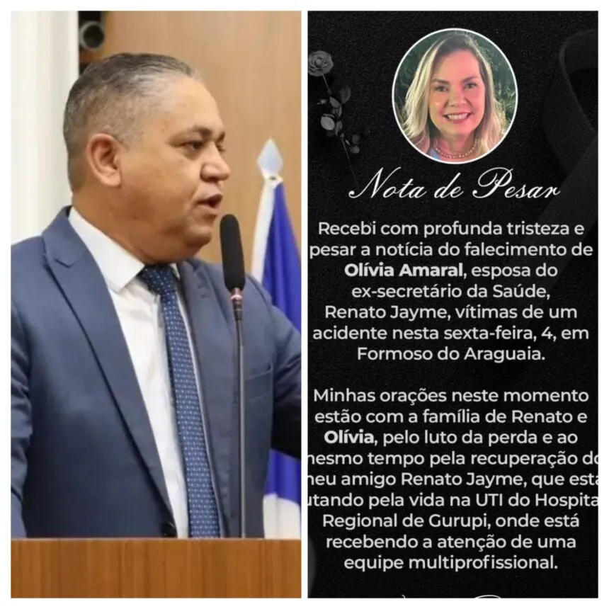 Vereador Eudes Assis emite nota de pesar pela morte de Olívia Amaral, esposa do ex-secretário de Saúde Renato Jayme, após acidente no sul do Tocantins